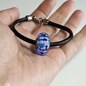Pandora Black Cord Bracelet W/ Large Blue Flowered Murano Glass Bead 7"
